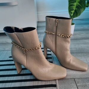 River Island Taupe Heeled Boots with Gold Chain
